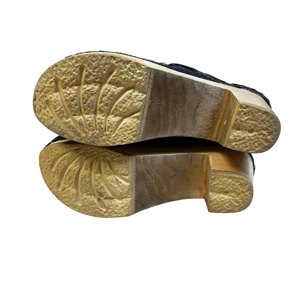 No.6 Suede Clog‎ Boots Women 39 Navy Blue Good Shearling Lined Lace Up Wood Heel